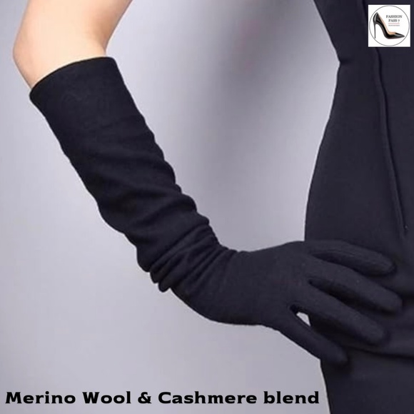 Long Cashmere Merino Wool Gloves Classical Black Opera Driving Winter Warm Glove - Picture 1 of 6